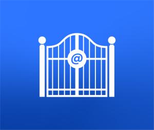 white gate on blue background with @ symbol on gate